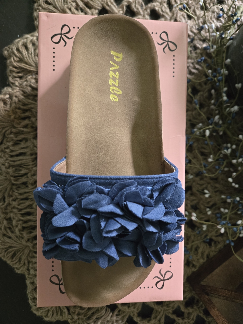 Pazzle Blue Floral Appliqué Slide Sandal